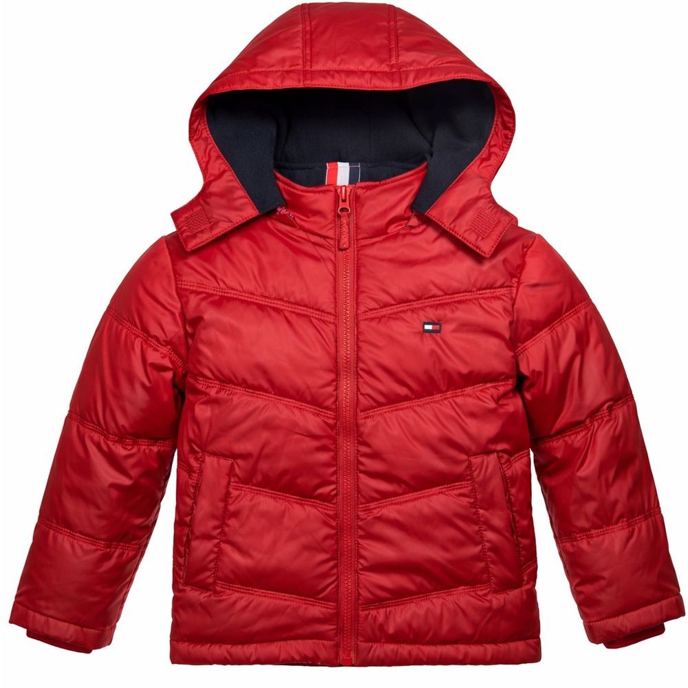 Tommy Hilfiger Boys Red Hooded Puffer Jacket Down Blend Removable Hood Winter 6
